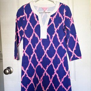 Lilly Pulitzer Dress XS Blue Pink Coral Print 3/4 Sleeve Preppy Coastal Classic
